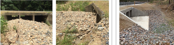 Series of three photos - Post event photo downstream view of rock built up against culverts; Side view extent of rock deposited against the culverts; Completion photo (for close out)