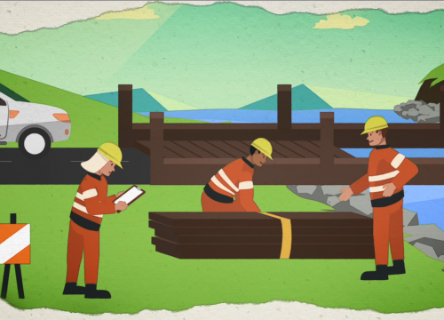 Animation of council workers fixing a wooden bridge