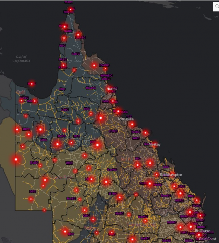 Heat map image of Queensland with damage locations marked