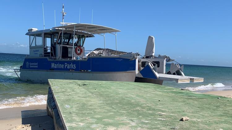 One of the large pontoons washed up in the Moreton Bay Marine Park following the 2022 SEQ floods.