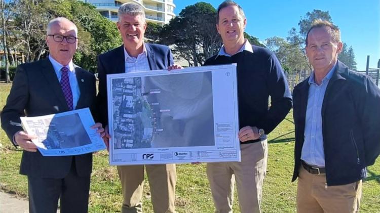 Queensland Sport Minister Stirling Hinchliffe, Member for Caloundra Jason Hunt, Sunshine Coast Mayor Mark Jamieson and Cr Terry Landsberg at Golden Beach, Caloundra