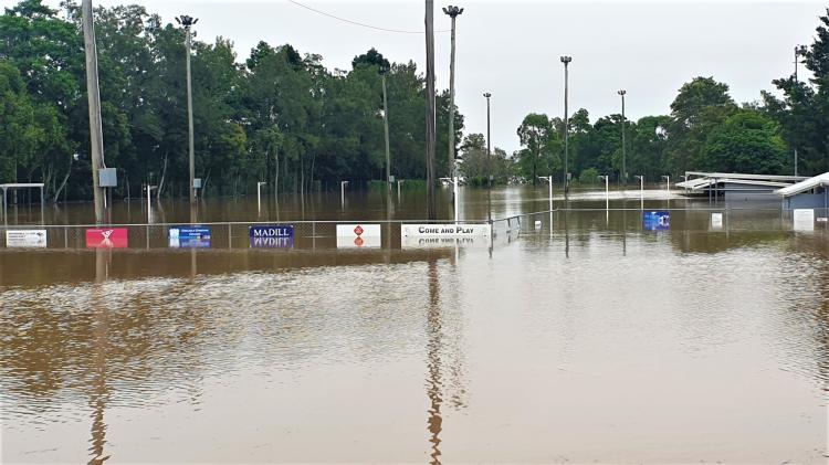 Gympie netball courts underway during the 2022 floods.
