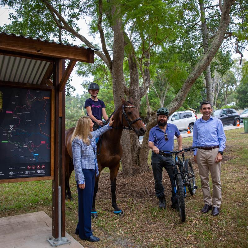 Noosa Mayor Clare Stewart and QRA CEO Major General Jake Ellwood (Retd) with trail users 