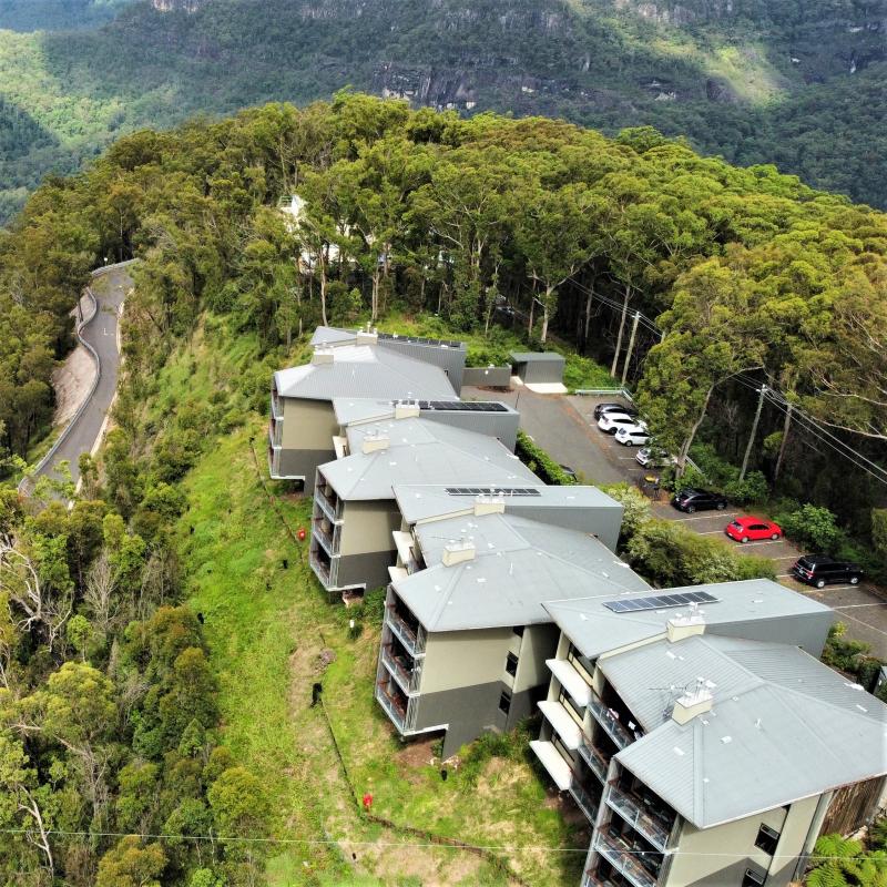 An aerial shot of Binna Burra Lodge's access road and world-famous Sky Lodges following the completion of reconstruction works, January 2022.