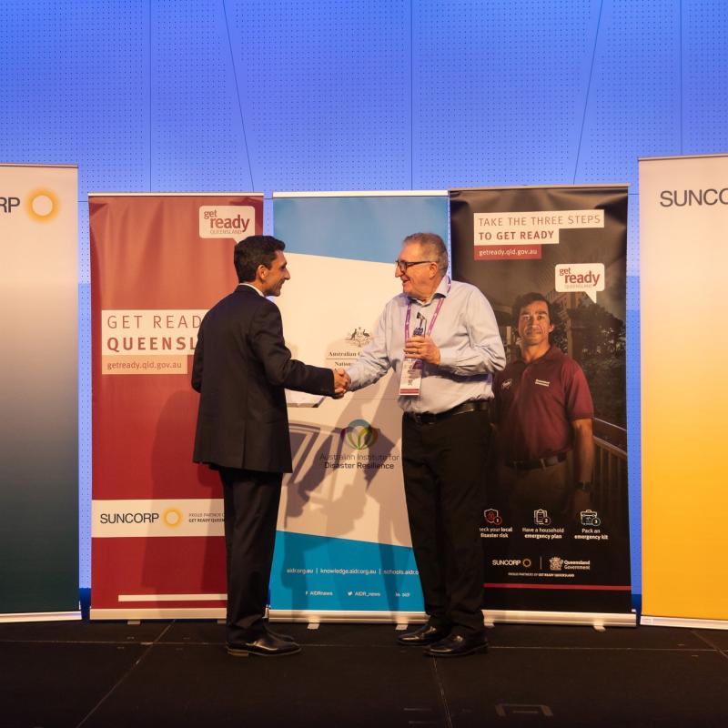 Balonne Shire Council CEO Matthew Magin accepting council's Queensland Resilient Australia Award.