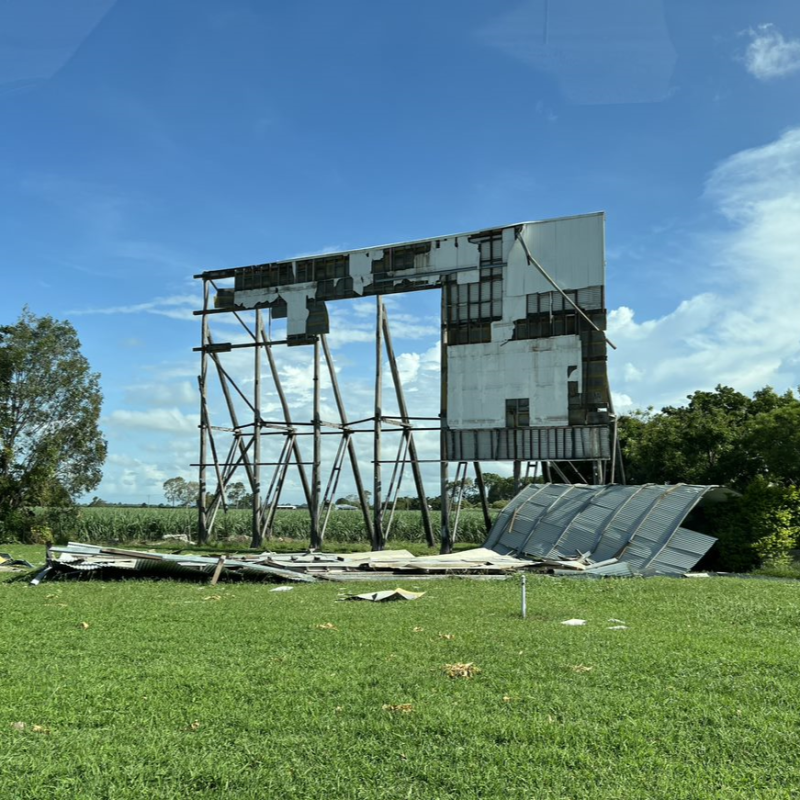 Damaged drive-in theatre screen