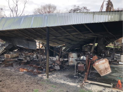 Burnt out shed and equipment 