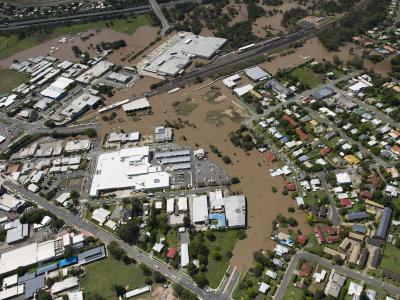 Aerial shot of flooded Logan and Albert rivers