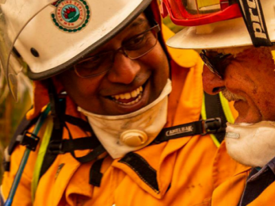 Close up of two firefighters