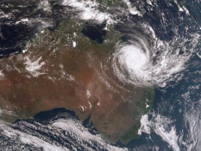 Satellite image of Australia with cyclone debbie over Queensland