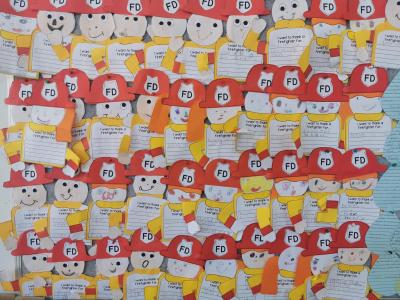 Children's artwork on wall